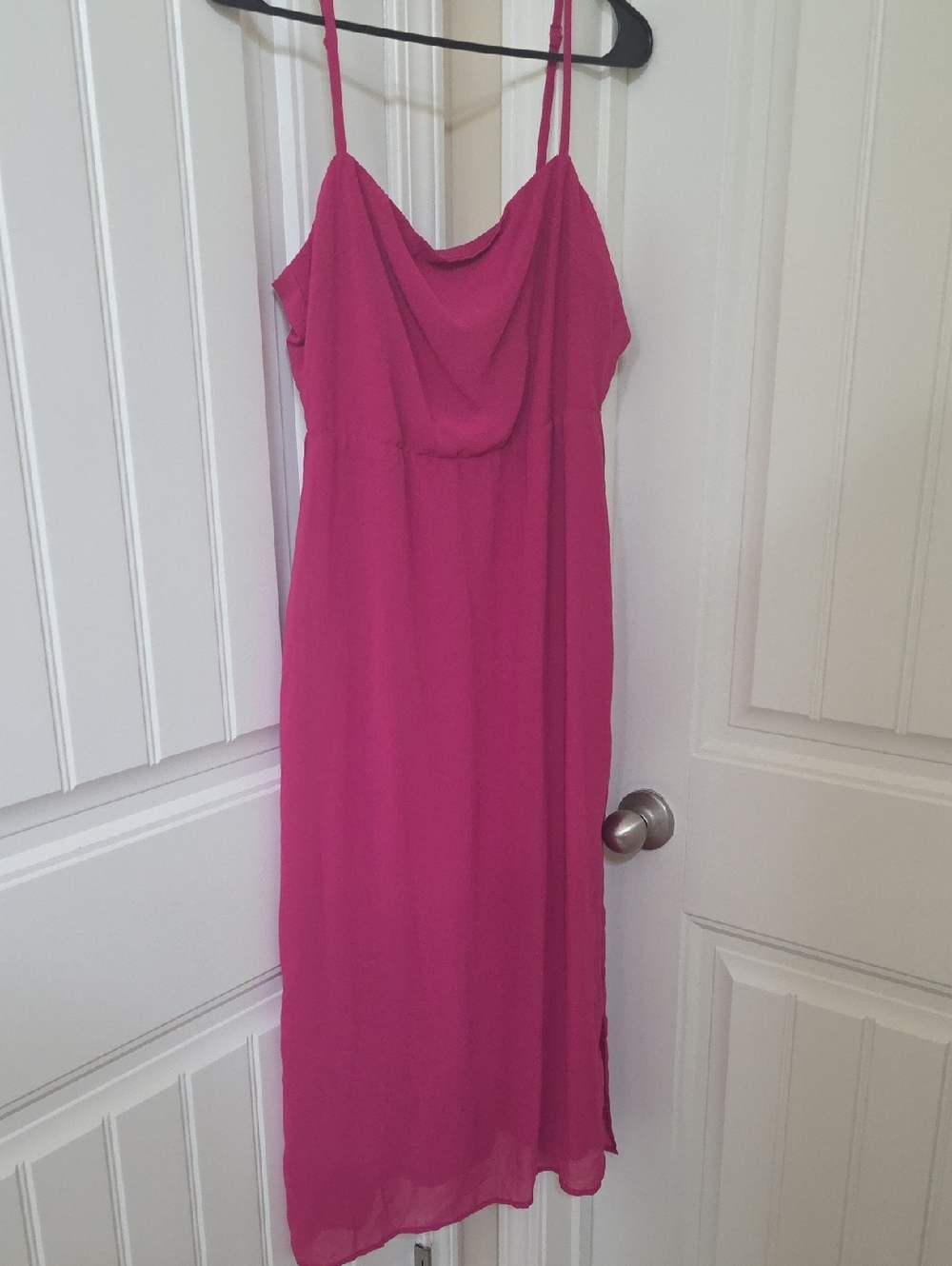 Lulu's Hot Pink Cowl-Neck Spaghetti Strap Midi Dress